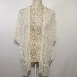 Abercrombie & Fitch One Size Ivory Floral Lace Sheer Open Front Fringe Kimono
